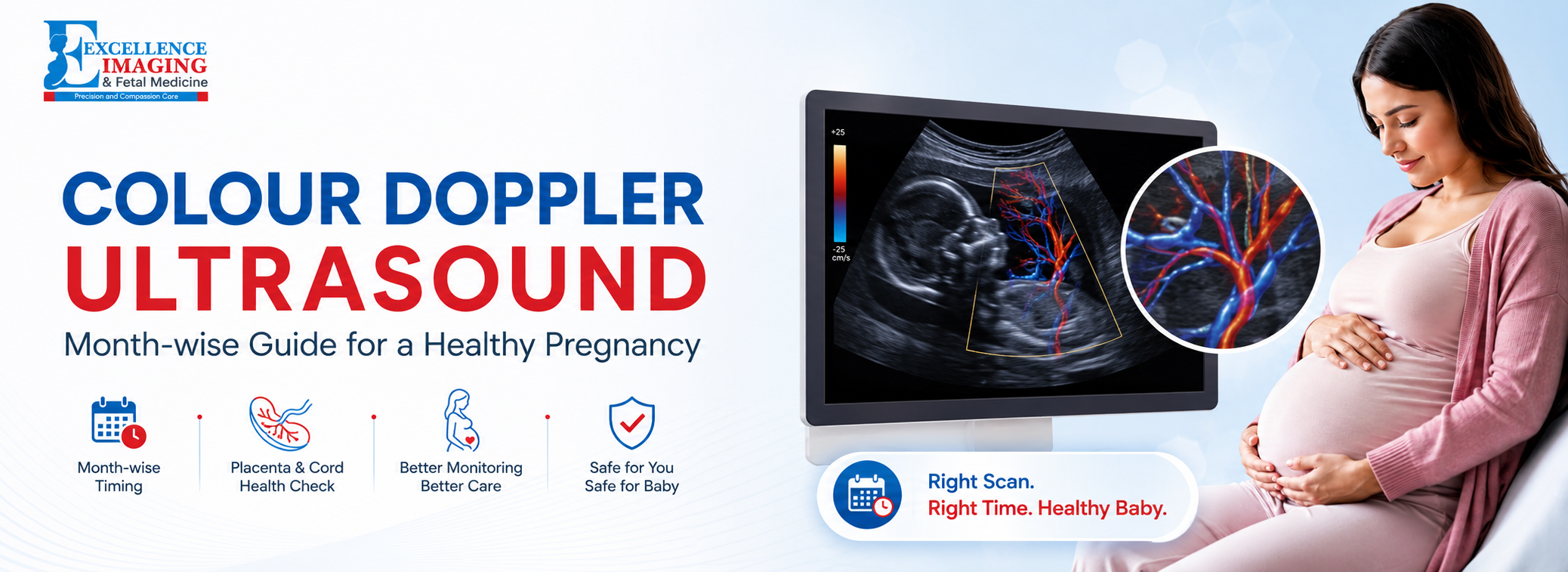 CVS test in pregnancy banner showing chorionic villus sampling procedure with ultrasound guidance, placenta cell collection, fetal imaging, and prenatal genetic testing illustration at Excellence Imaging and Fetal Medicine